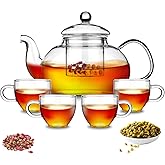Kyraton Glass Tea Pot with 4 Tea Cups, Removable Infuser, Blooming and Loose Leaf Tea Maker and Teacups Set, Stovetop Microwave Safe Tea Kettle