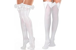 LLOUSSAK 2 Pair Oktoberfest Socks Women, Long Lace Socks Ruffle Frilly Socks White Opaque Knee High with Ruffle Lace Trim Long Socks White Frilly Knee Socks, Satin White Stockings for Women