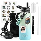 WixByti 32 oz Insulated Water Bottle with Straw (Cold for 48 Hrs), Stainless Steel Triple Wall Vacuum Sports Water Jug, Leakproof Hydro Cup Flask with Paracord Handle & Straw Spout Lids & DIY Stickers