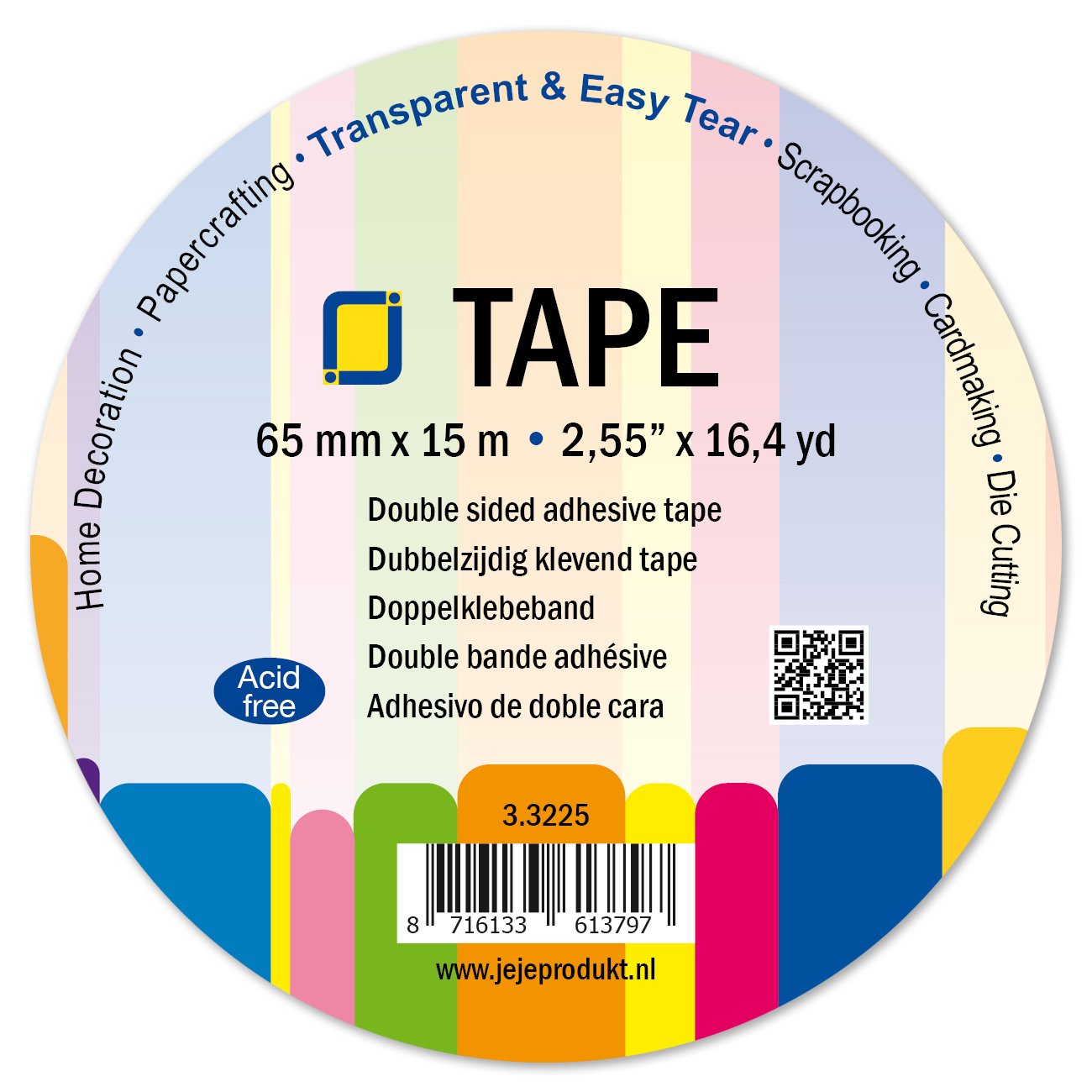 JEJE Double-Sided Clear Adhesive Tape, Synthetic Material, Transparent, 65 mm x 15 m