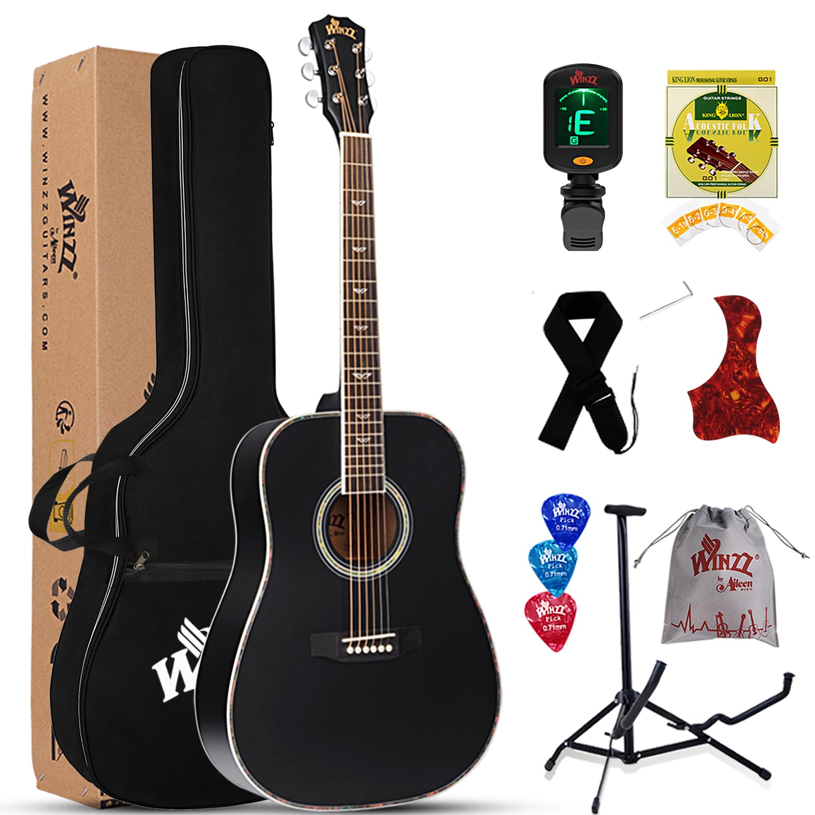 Winzz Acoustic Guitars Full Size, 4/4 Folk Guitar for Beginners Adults, Acoustic Steel-string Guitar Black (black)