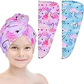 Basumee Microfiber Hair Towel Wrap for Kids 2 Pack Rapid Drying Hair Towel with Button Hair Turbans for Wet Hair Wraps Head T