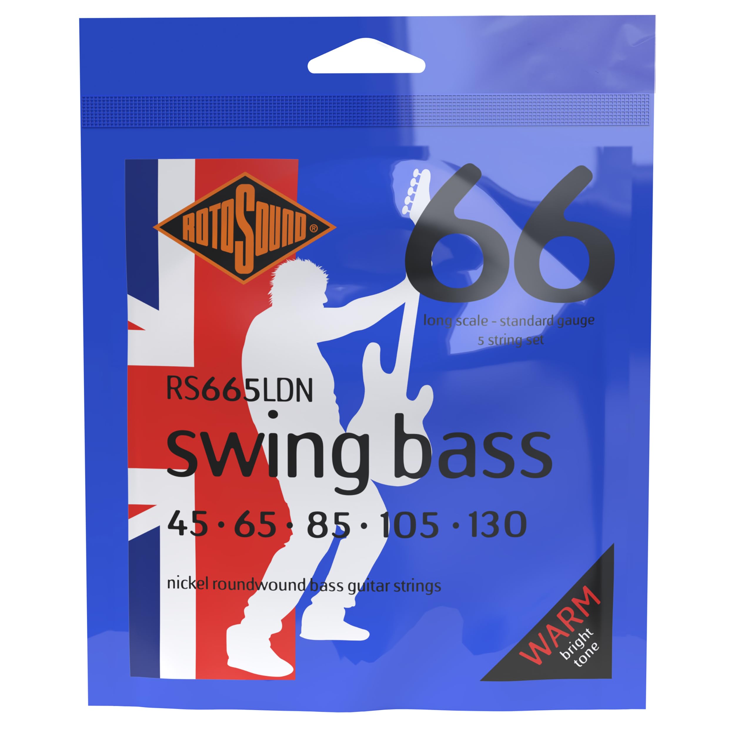 Rotosound strings for electric bass SWING 66 NICKEL ROUNDWOUND 5-str. RS665LDN Nickel Standard 45-105, White Black Red Blue