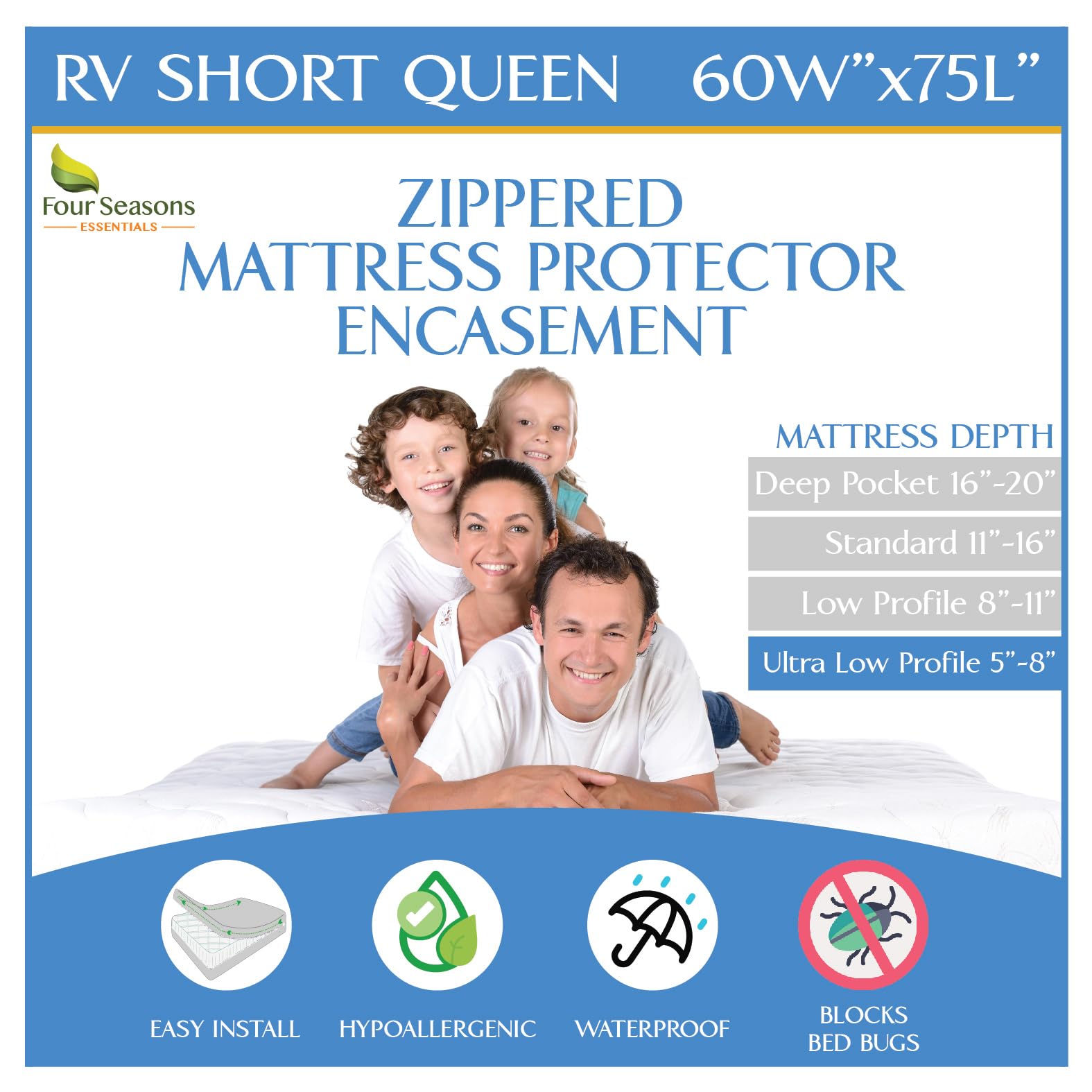 Photo 1 of RV Short Queen Size Mattress or Box Spring Encasement (5" to 8" Depth) - Waterproof Zippered Protector Hypoallergenic Premium Bed Cover Protects from Dust Allergens