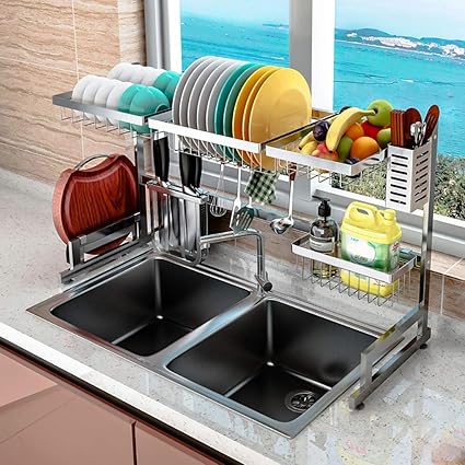 Amazon Chinqueeny水切りラック ステンレス シンク上 2段 食器 食器棚 水切りかご キッチン収納 箸立て 皿立て まな板立て 食器棚まな板スタンドフック付き 台所 道具 ツチキリ ディッシュスタンドスリム 大容量 おしゃれ 65cm シルバー 水切りラック オンライン通販