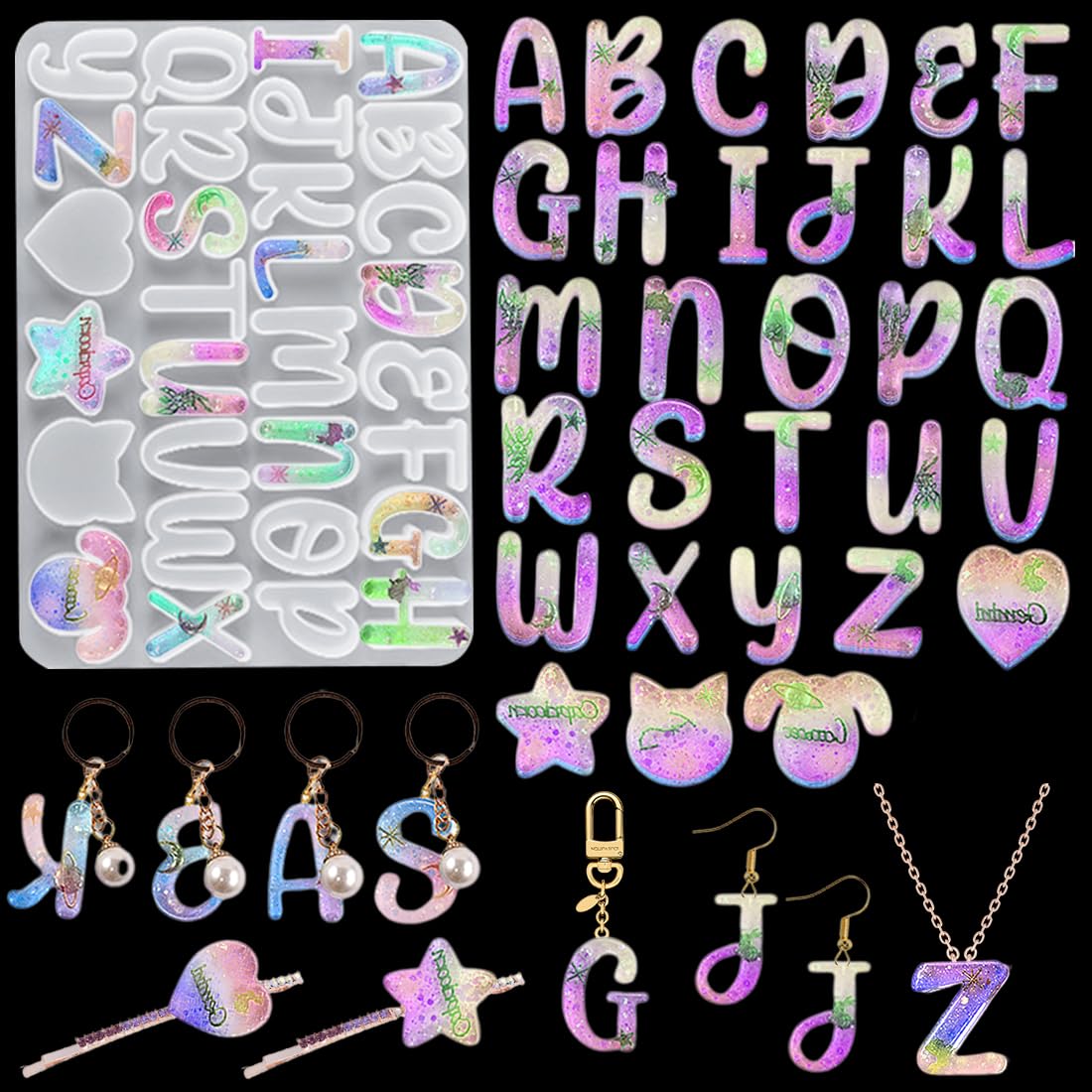 Voyyphixa Alphabet Epoxy Resin Moulds Letter Pendants Silicone Moulds for Resin Casting A-Z Keychain Moulds for Bookmarks Pet Tag Ornaments Jewelry Charm Crafts (Mould B)