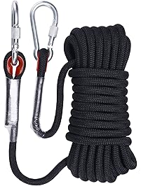 GINEE Outdoor Rock Climbing Rope 32FT,49FT,64FT,96FT,Black Static Ropes,Tree Climbing Gear Spikes Harness,Rappelling Rescue Safety Rope with Tow Hooks