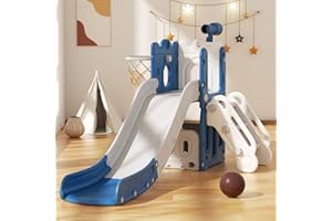 YUFU 6 in 1 Toddler Slide, Kids Climber Slide with Basketball Hoop and Ball, Indoor Outdoor Playset for Toddlers Age 1-3 (Blue Gray)