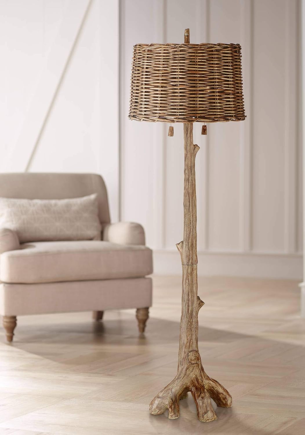Woodley Rustic Country Cottage Floor Lamp Faux Wood Tree Brown