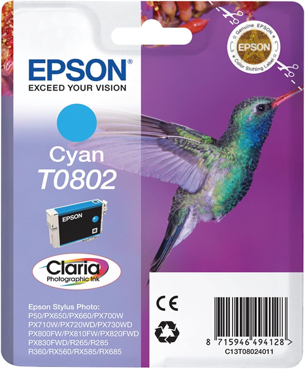 Epson T0802 Cyan Claria Photo HD Ink Cartridge Hummingbird Genuine