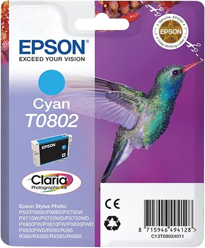 Epson T0802 Cyan Claria Photo HD Ink Cartridge Hummingbird Genuine