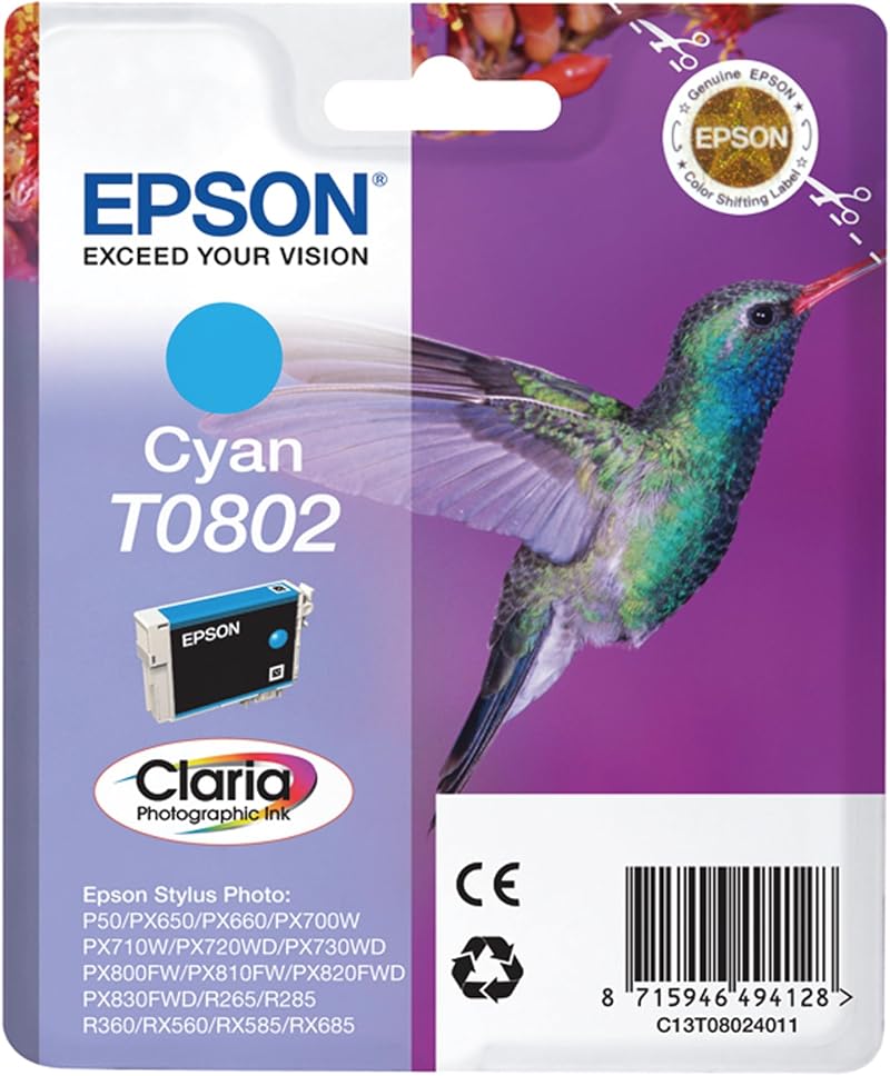 Epson T0802 Cyan Claria Photo HD Ink Cartridge Hummingbird Genuine