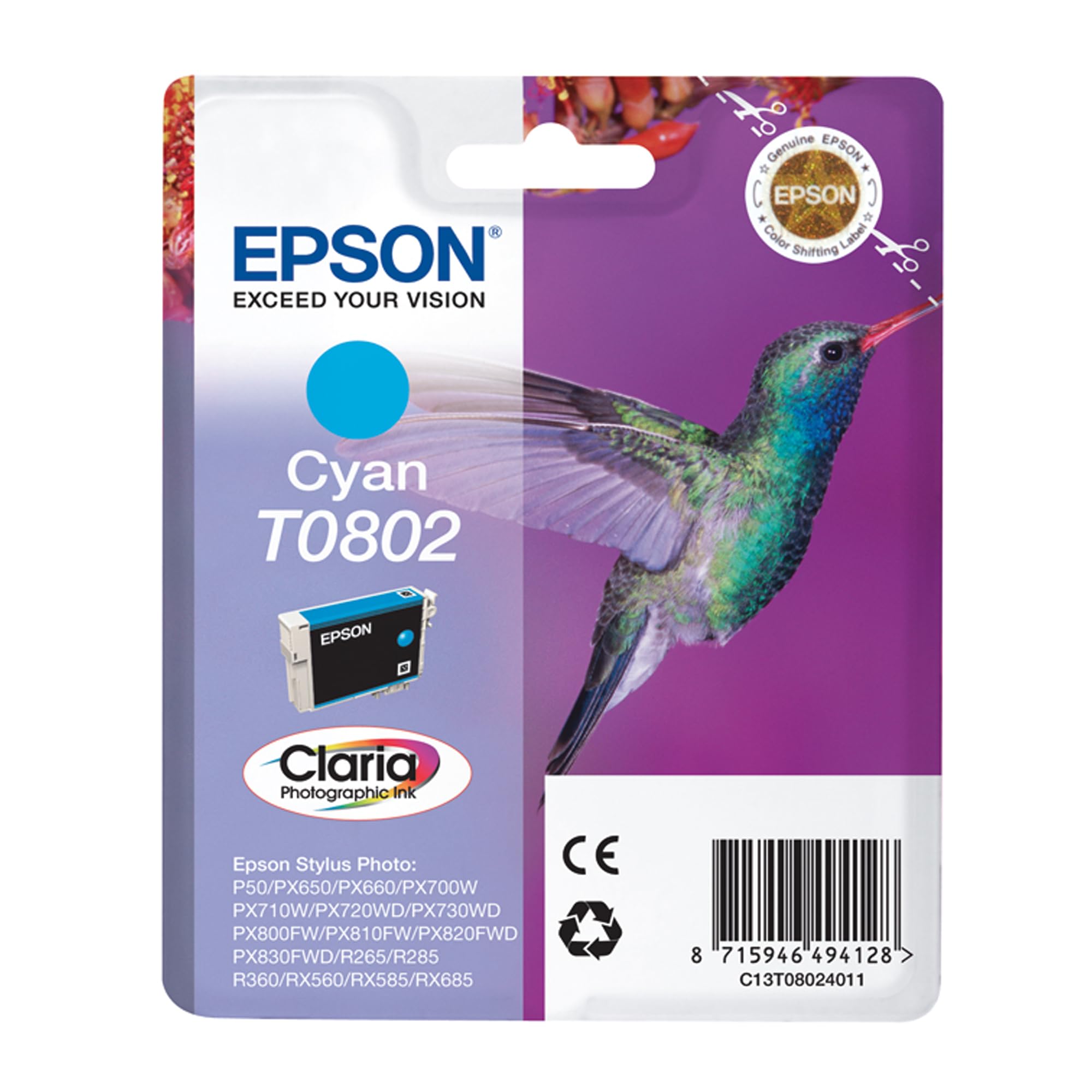 Epson T0802 Cyan Hummingbird Genuine Ink, Claria Photo HD Ink Cartridge — image 1