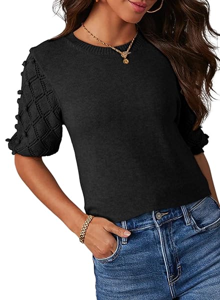 DOKOTOO WOMENS 2024 SPRING SUMMER PUFF SHORT SLEEVE SWEATER TOPS CREWNECK BASIC KNIT PULLOVER TUNIC ROUND NECK T SHIRTS LIGHTWEIGHT SOLID CASUAL FALL SWEATERS TRENDY BLOUSE BLACK SMALL