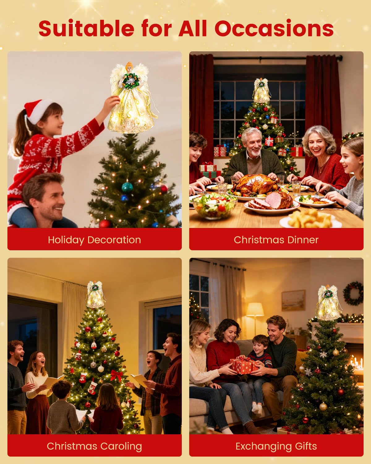 Angel Tree Topper with Lights | 12 Inch Christmas Angel Tree Topper with Feather Wings | Battery Powered Christmas Tree Toppers Lighted for Vintage Decor | Xmas Tree Topper Ornament, White