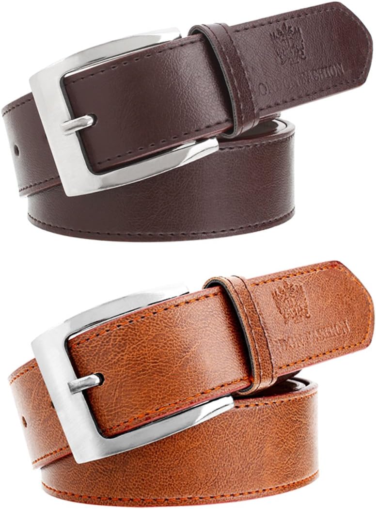 Hob London Fashion With Device Men's Synthetic Leather Belt (Brown, Free Size, Combo of 2)