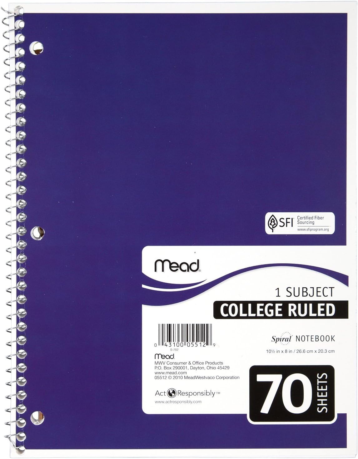 Mead Spiral Notebooks, 1 Subject, College Ruled Paper, 70 Sheets, Colored Note Books, Lined Paper, Home School Supplies for College Students & K-12, 10 1/2" x 8”, Assorted Colors, 6 Pack (73065) : Office Products