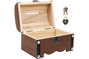 DEARMAMY Wooden Treasure Chest with Lock and Key Vintage Storage Box Piggy Bank Organizer 5.70X3.93X3.93In Secure Coin Saving