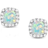 Savlano 14K White Gold Plated 10MM Square Cubic Zirconia Created White Fire Opal Stud Earrings, Comes with Gift Box for Women