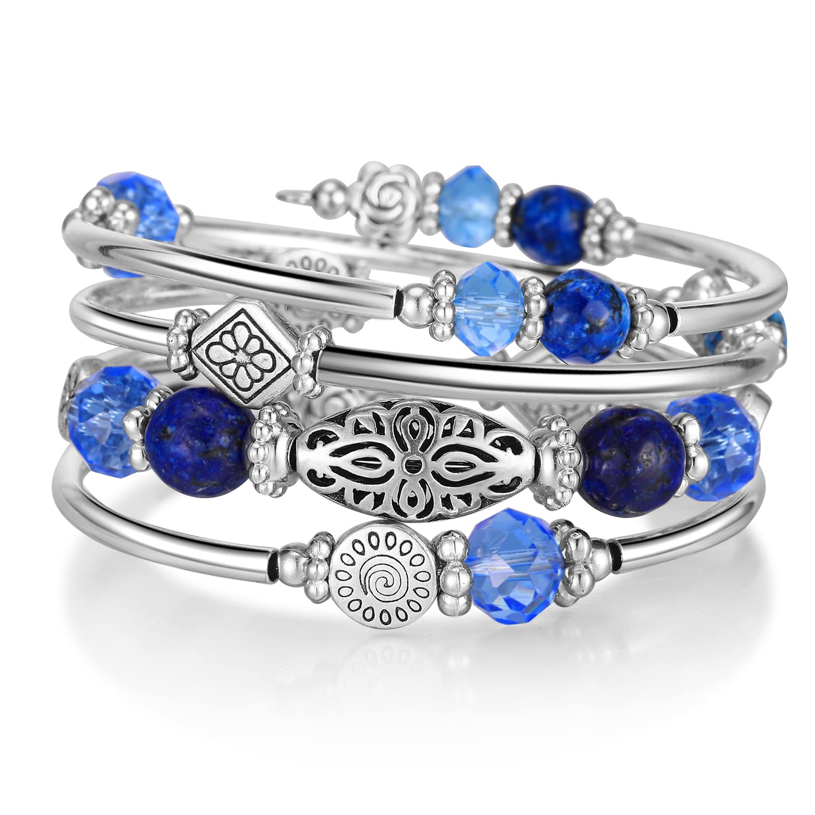 FULU AUTUMN Silver Beaded Bangle Bracelet for Women Handmade Boho Stacking Wrap Bracelet with Crystal Beads Costume Fashion Jewellery Gifts(Sapphire)