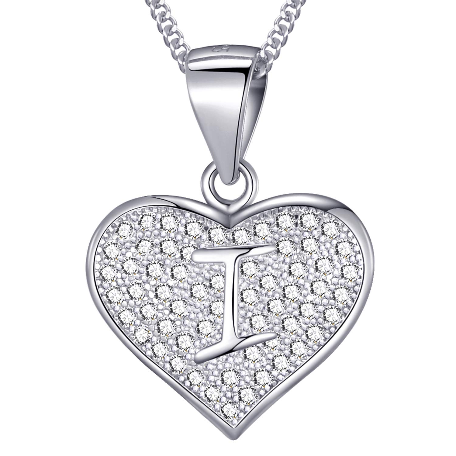 MASADA 925 Sterling Silver Heart Letter Necklace - Initial Pendant with Zircon Stones - Letter I - Personalised Alphabet, Teens & Girls - 46 cm - 18 inch Chain in Velvet Bag — image 1