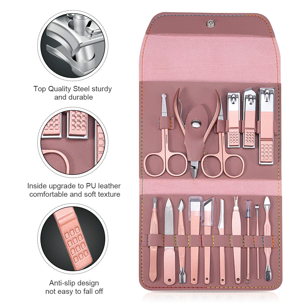 Leipple Manicure Set Professional Nail Clipper Kit Pedicure Kit - 16 pcs Stainless Steel Grooming Kit - Nail Care Tools with Luxurious Leather Travel Case (Pink) : Beauty