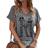 PUCKOLITY Funny Giraffe Graphic V Neck Shirts for Women Casual Short Sleeve Animal Lover Summer Tee Tops