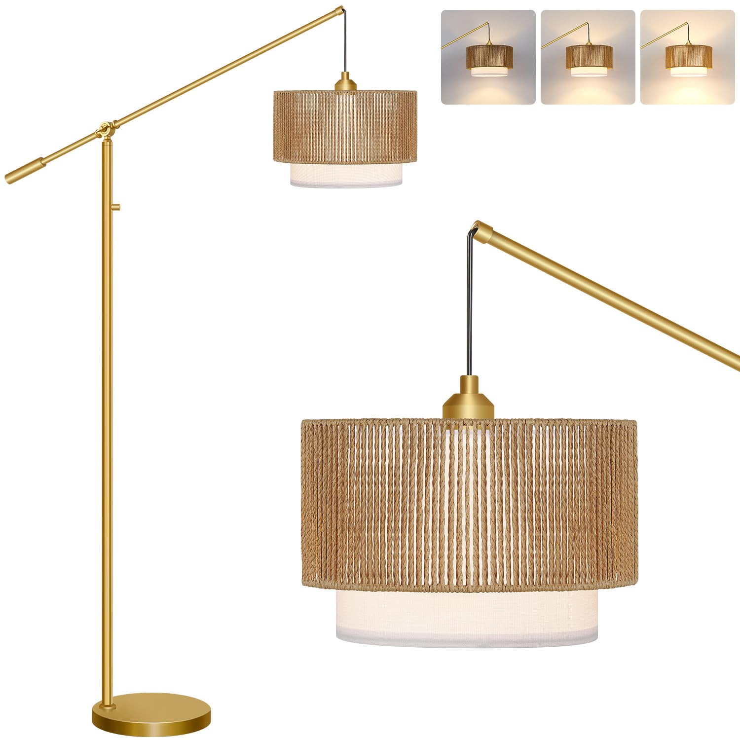 Photo 1 of ?Upgraded?Arc Floor Lamp for Living Room, Boho Dimmable Swing Arm Floor Lamp with Rattan & Fabric Shades, Gold Rattan Standing Lamp with 11W Bulb, Farmhouse Adjustable Tall Lamp for Bedroom Office