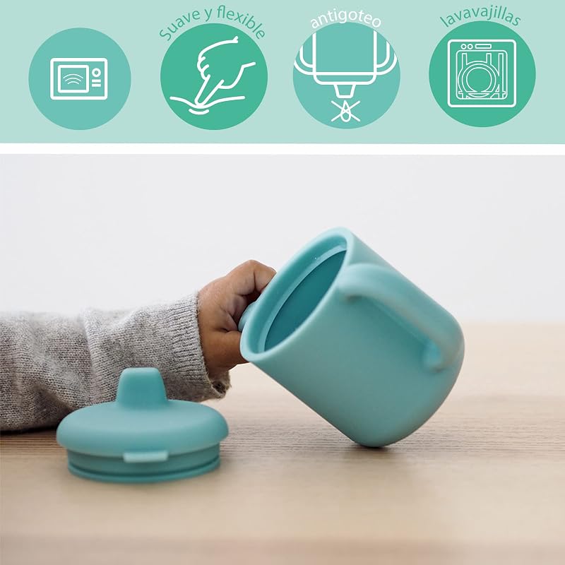 , copo de aprendizagem para bebés, função biberão/copo, silicone de 100% qualidade, pegas largas, fácil de segurar, ergonómico, bico flexível, azul