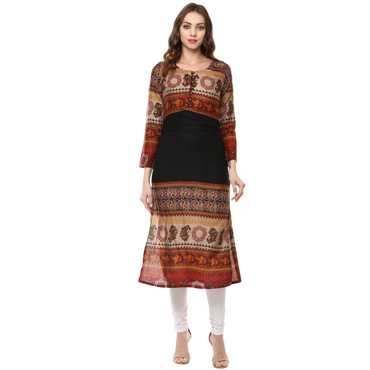 ives black printed rayon straight kurti for women