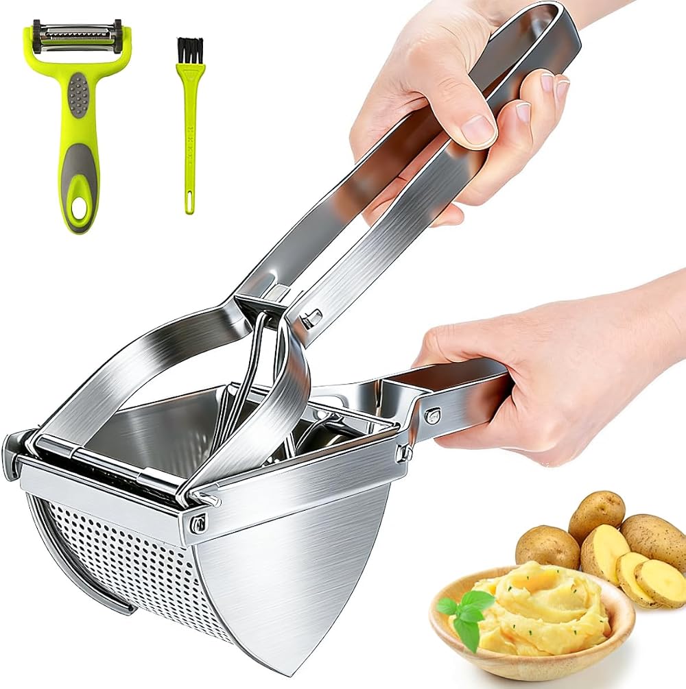 HOTLIKE Stainless Steel Potato Ricer Masher Set with Brush Peeler