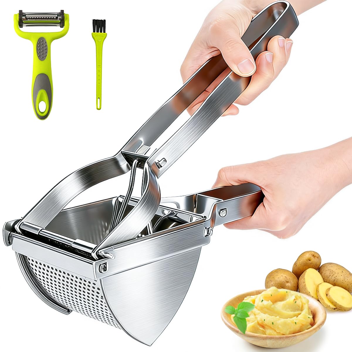 HOTLIKE Stainless Steel Potato Ricer, Potato Masher, Multifunctional Professional Masher, Heavy Duty Food Press with Brush, Peeler, Helper at Kitchen for Fruit, Vegetable, Puree