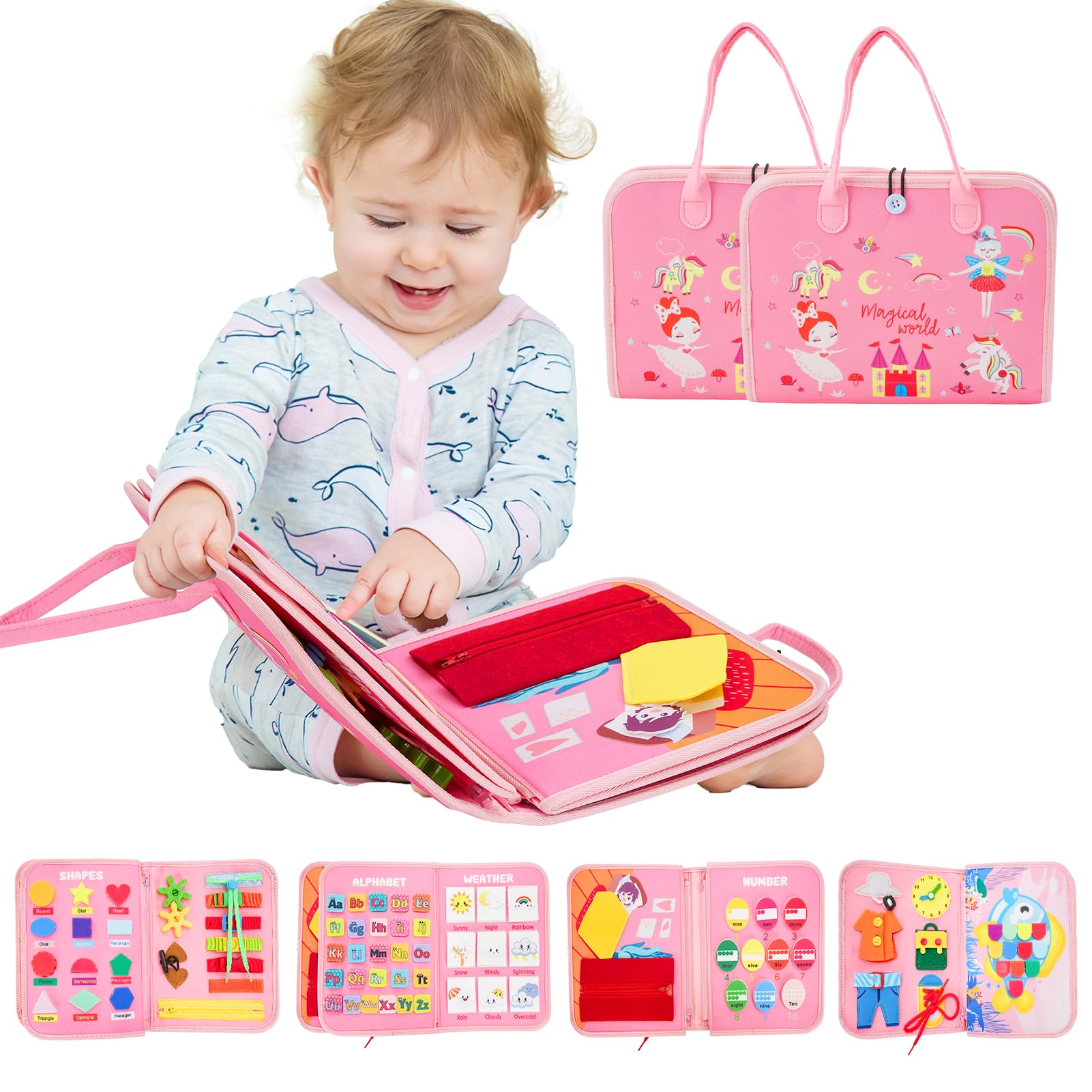 Warmiehomy Montessori Busy Board for 1 2 3 Years Girls, Sensory Toy for Toddlers, Activity Board Preschool Educational Learning Toys, Pink