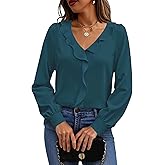 Halife Womens Dressy Casual Blouses Long Sleeve Business Tops Ruffle V Neck Trendy Work Shirts