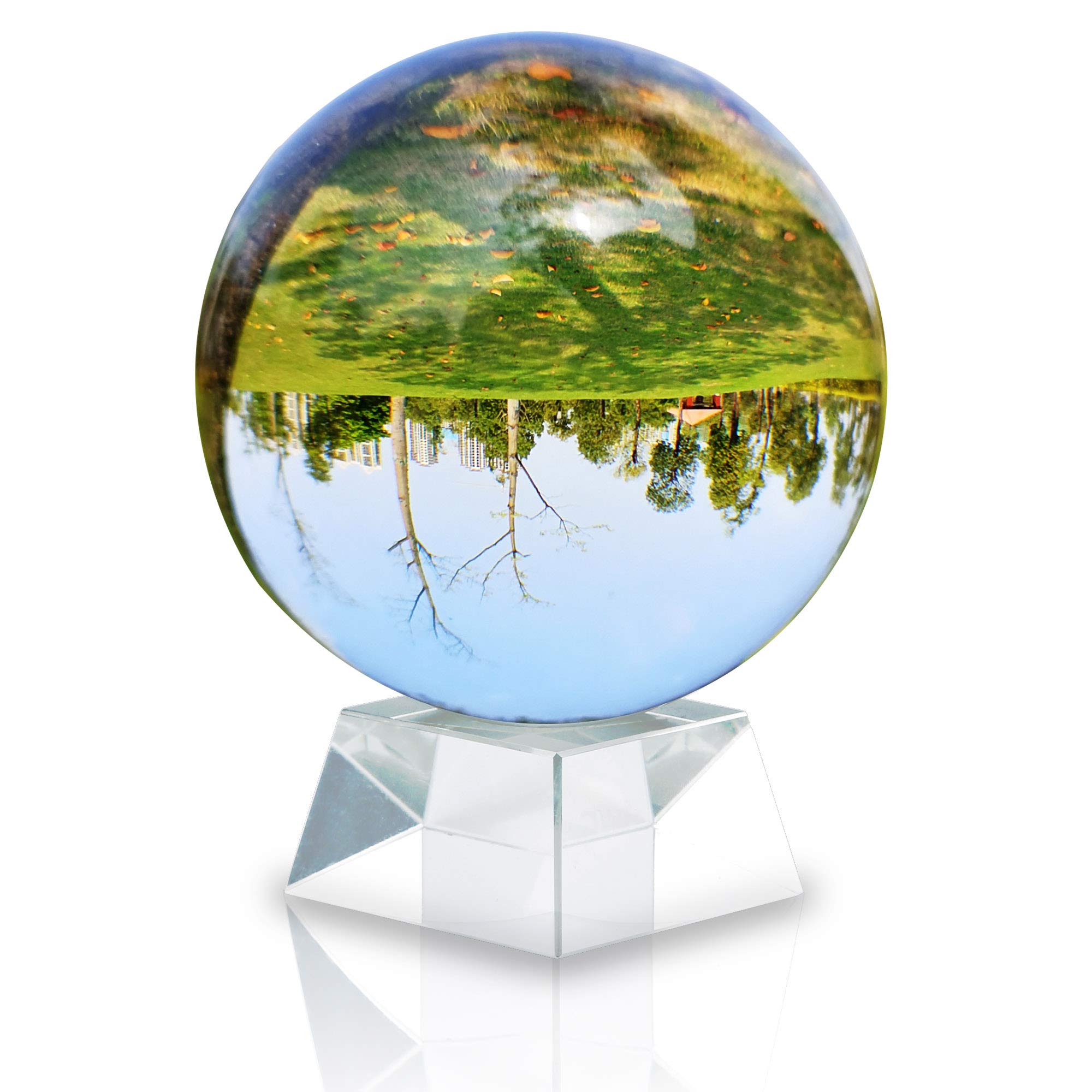 INTIRILIFE Glass Ball with Stand 100mm in CRYSTAL CLEAR – Crystal Ball with Glass Stand Perfectly Suitable for Photography, Meditation, Decoration and more – Photo Art