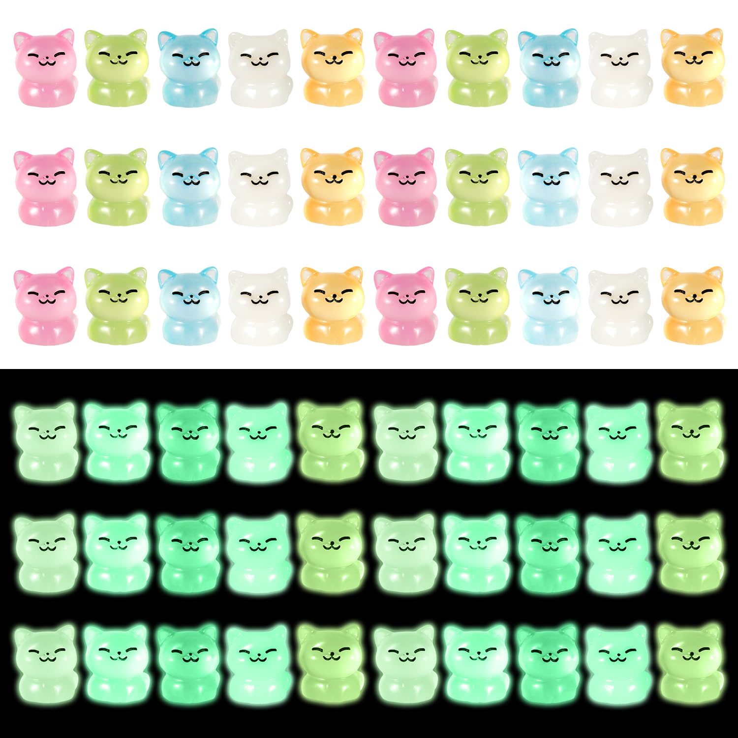 60pcs Luminous Miniature Cats, Resin Cat Figurines Mini Resin Glow in The Dark Cats Small Cat Figures Little Resin Animals Tiny Cats for Crafts DIY Ornament Animal Statues for Garden Dollhouse