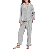 Flygo Womens Striped Pajama Sets 2 Piece Cotton Lounge Sets Button Down Top Straight Leg Pants with Pockets Y2K Pjs Sleepwear