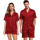 SWOMOG Couples Pajama Set Women & Men Silk Satin Short Sleeve Set Top and Shorts Sleepwear Soft Button-Down Loungewear