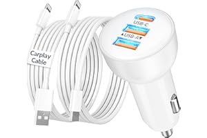 YEAHFUN 3-Port 70W Fast Car Charger for iPhone 14 13 12 11 Pro Max Plus Mini SE XR XS X 8 7 6, iPad, 2Pack USB Carplay Cord &Lightnings Charging Cable and USB-C&A Car Charger Adapter Cigarette Lighter
