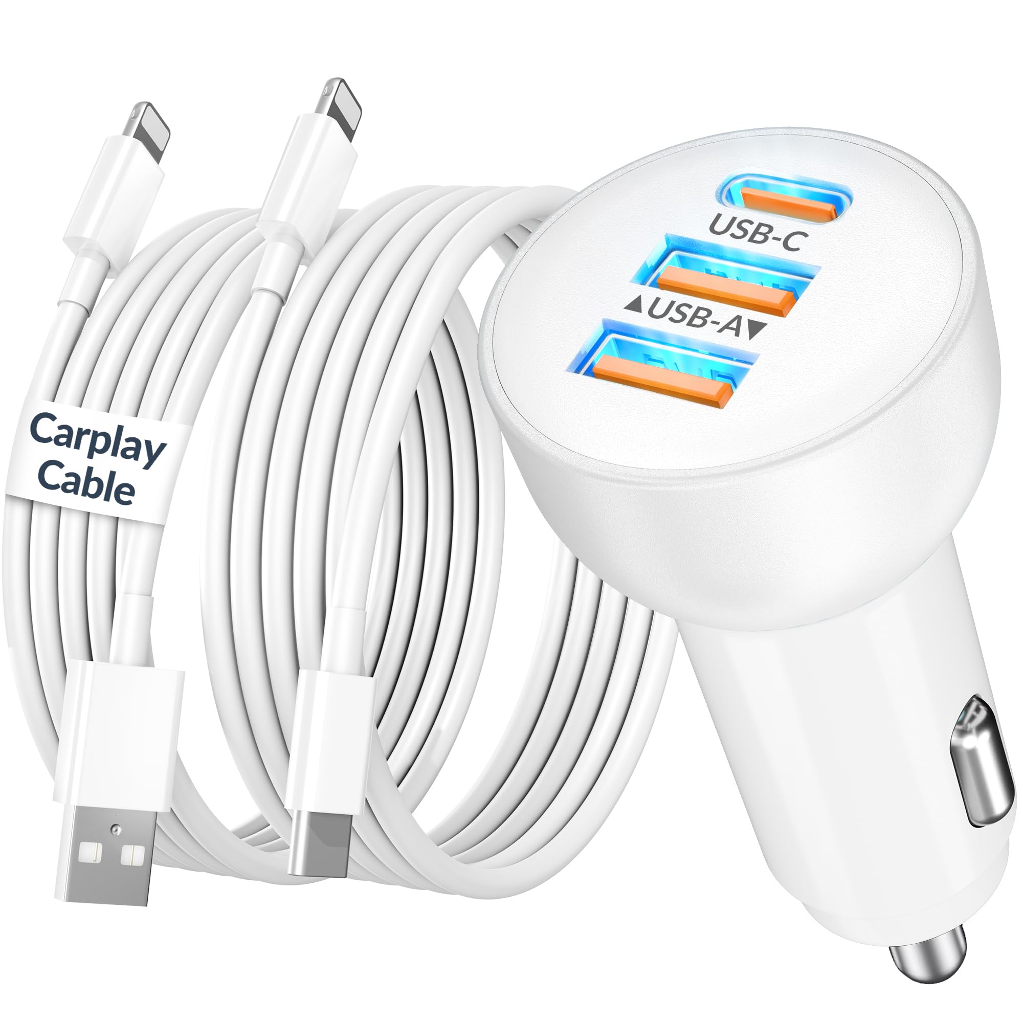 3-Port 70W Fast Car Charger for iPhone 14 13 12 11 Pro Max Plus Mini SE XR XS X 8 7 6, iPad, 2Pack USB Carplay Cord &Lightnings Charging Cable and USB-C&A Car Charger Adapter Cigarette Lighter