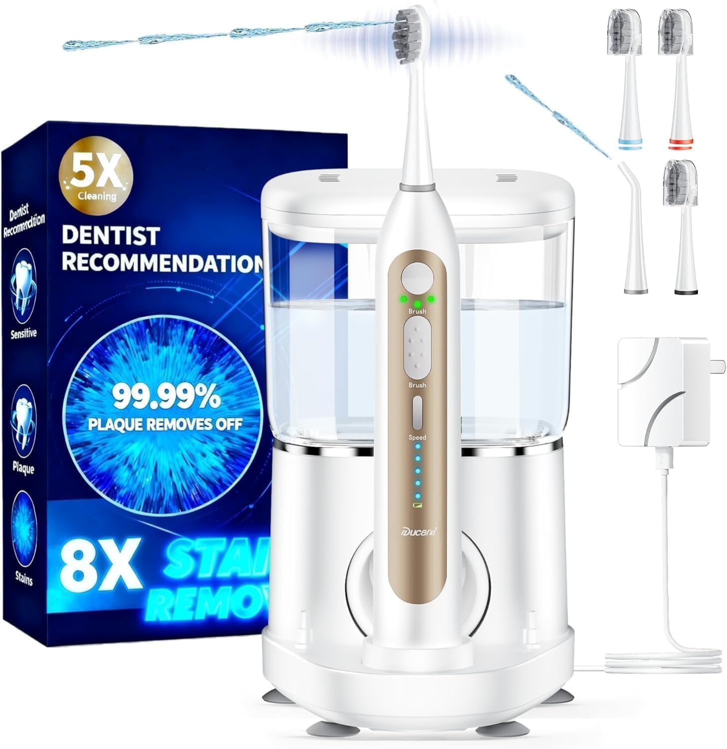 Photo 1 of Electric Toothbrush with Water Flosser, Upgraded 2.0 Electric Toothbrush for Adults, 5 Floss Speeds & 3 Modes with 3 Brush + 1 Nozzle, 500ML Tank, IPX7 Waterproof for Braces & Gum Care - White Gold