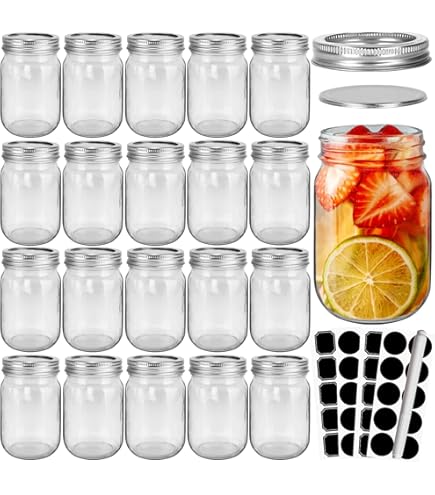 CAKKVDE Mason Lot De 15 Bocaux En Verre Transparent Avec Couvercles Et Bandes De 473,6 G Avec Couvercles Et Bandes - Bocaux En Verre Transparent Pour Conserve, Fermentation, Confiture, Miel, Dragées