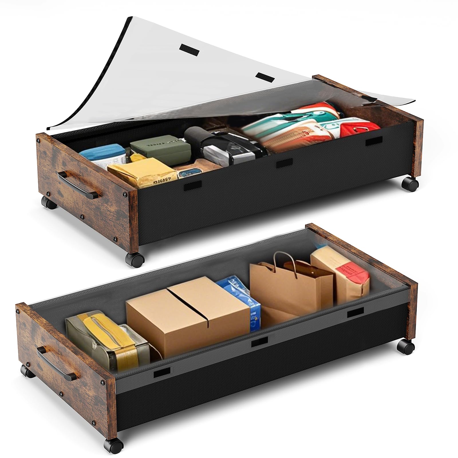 Photo 1 of Under Bed Storage Containers with Wheels, Extra Large Wooden Underbed Shoes Organizer 2 Packs, Rolling Under the Bed Storage Drawers with Clear Lid, Heavy Duty Metal Frame for Clothes 36"L (Vintage)