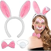 MUIIGOOD Bunny Ears Headbands Bowtie Tail Costume Set, Easter Long Furry Rabbit Ears Headband, Halloween Party Cosplay White Bunny Costume Hair Accessories for Adult Women Photo Prop