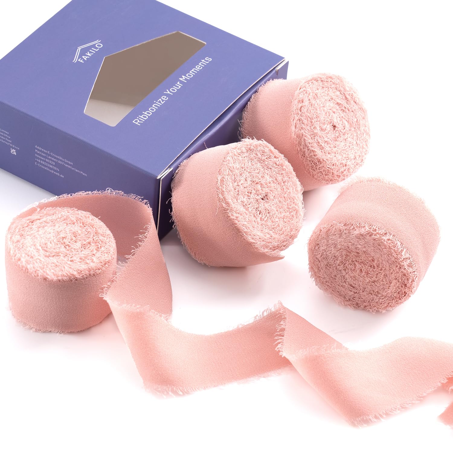FAKILO Handmade Fringe Chiffon Ribbon - 4 Rolls, 1'' X 5 Yd Blush Pink, 20 Yd Chiffon Silk for Wedding Invitations, Bridal Bouquets, Gifts Wrapping, DIY Crafts