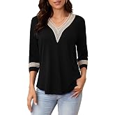 Rinethy 3/4 sleeve shirts for women casual Guipure Lace V Neck Bouse Color Block Dressy T Shirt Tops