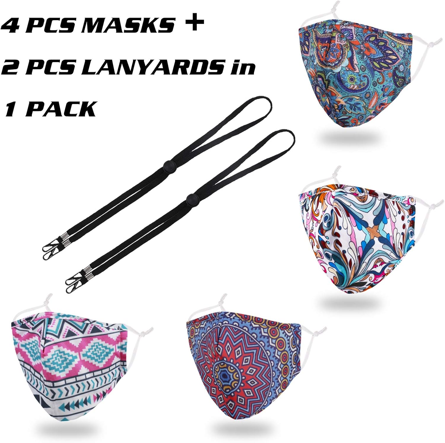 4 Packs Cotton Face Mask with Nose Wire, 3D Shape, Adjustable Earloop, Washable and Reusable : Clothing
