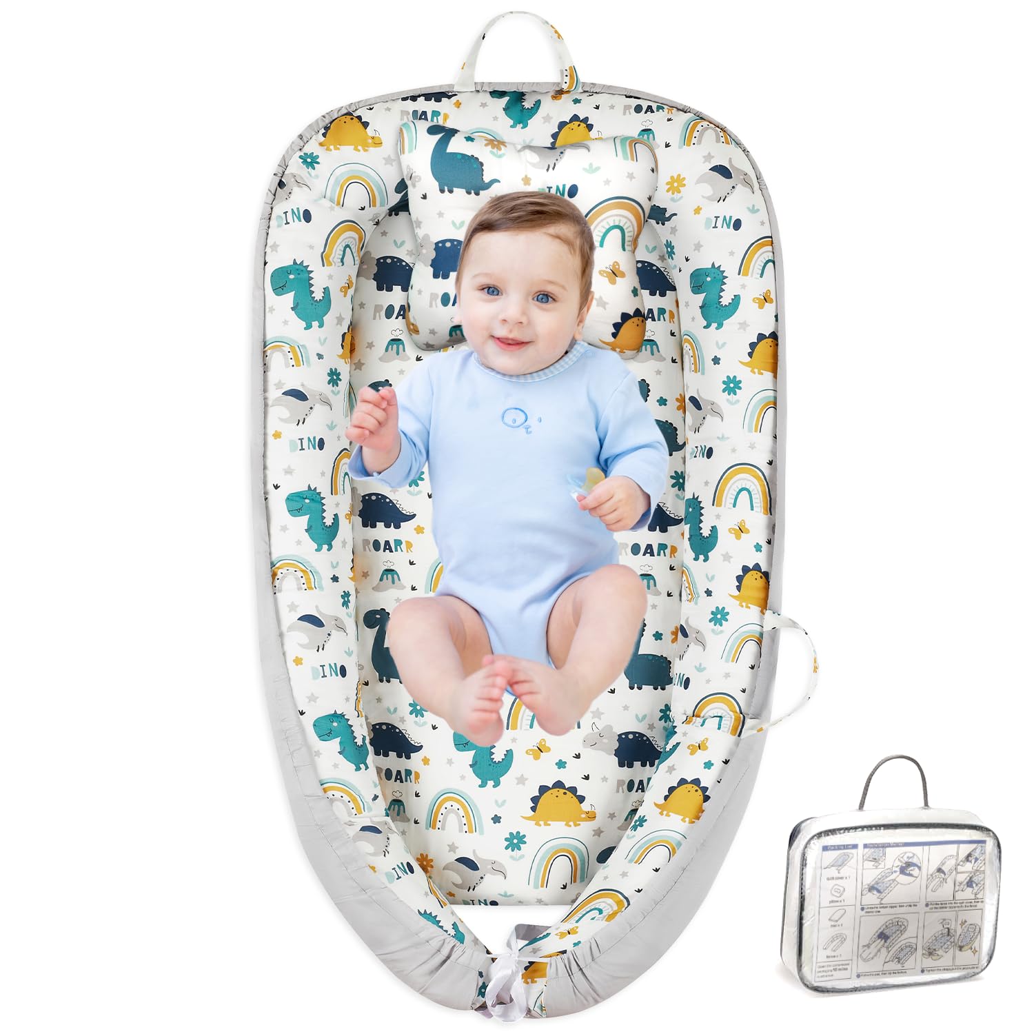 Baby Lounger for Newborn 0-24 Months with Removable Pillow | Doc A Tot Baby Lounger Breathable, Portable & Soft CPSC Certified Snuggle Me Baby Lounger for Home, Travel, Baby Boy Lounger-Dinosaur