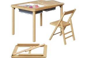 FUNLIO Foldable Wooden Sensory Table with 2 Bins & 1 Foldable Chair for Toddlers, Kids Sensory Table with Anti-Warping Plywoo