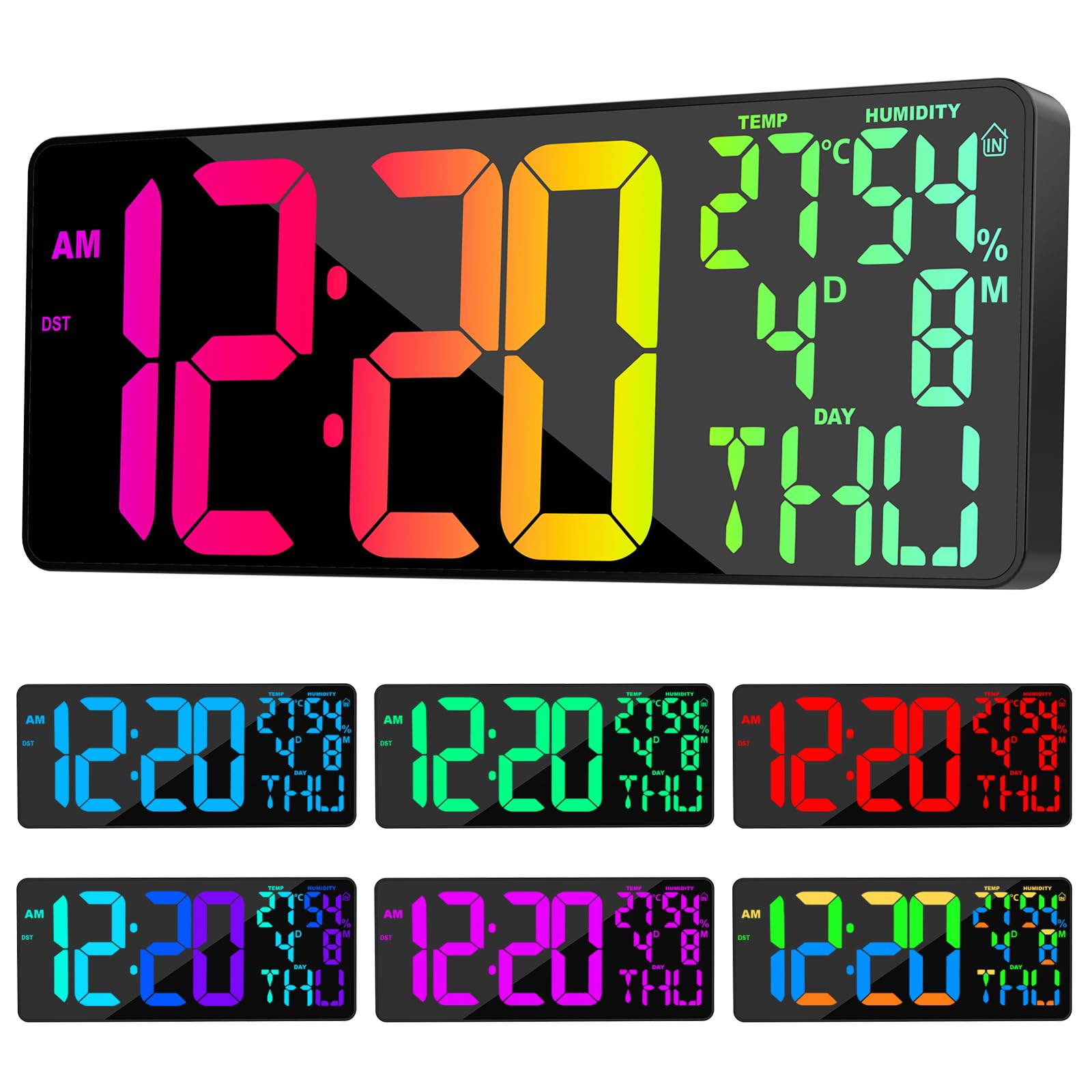 XREXS 18 Inch Large Digital Wall Clock, 10 RGB Color Changing, Date/Temp/Humidity Display, Auto Dimming Digital Clock for All Large Spaces Use